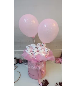 Rosa Box mit Teddybären und Ballons – Willkommen, Baby