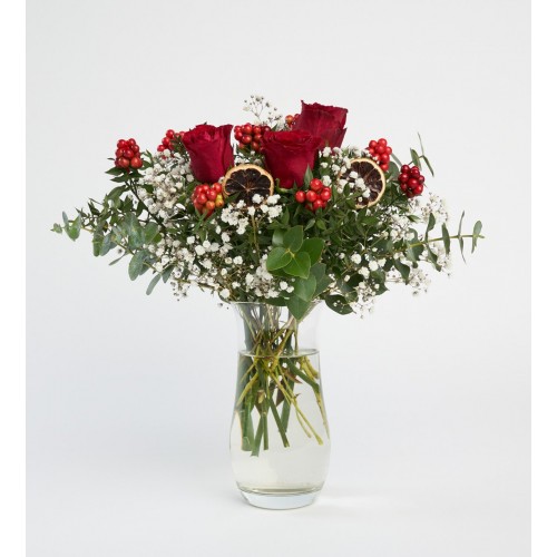Cam Vazoda Kokina Çiçeği ve Kırmızı Güller